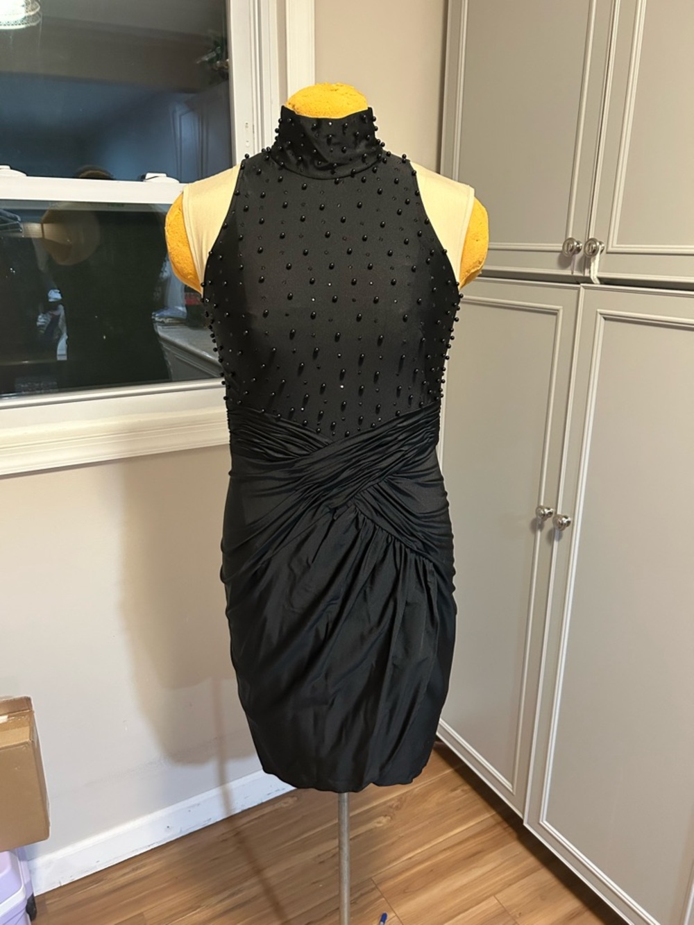 Vintage 90s Black Beaded Mock-Neck Cocktail Dress Size Medium Stretch